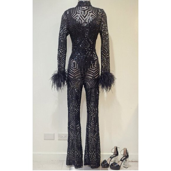 πA BOMBSHELL!π Ostrich Feather Trim Sequin Lace Bodycon Jumpsuit in Black - Picture 7 of 16
